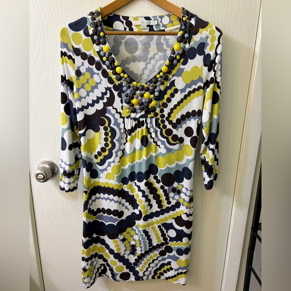 Boden Polka Dot Embellished Beaded Knit Viscose Dress Size 6, V-Neck, 3/4 Sleeve